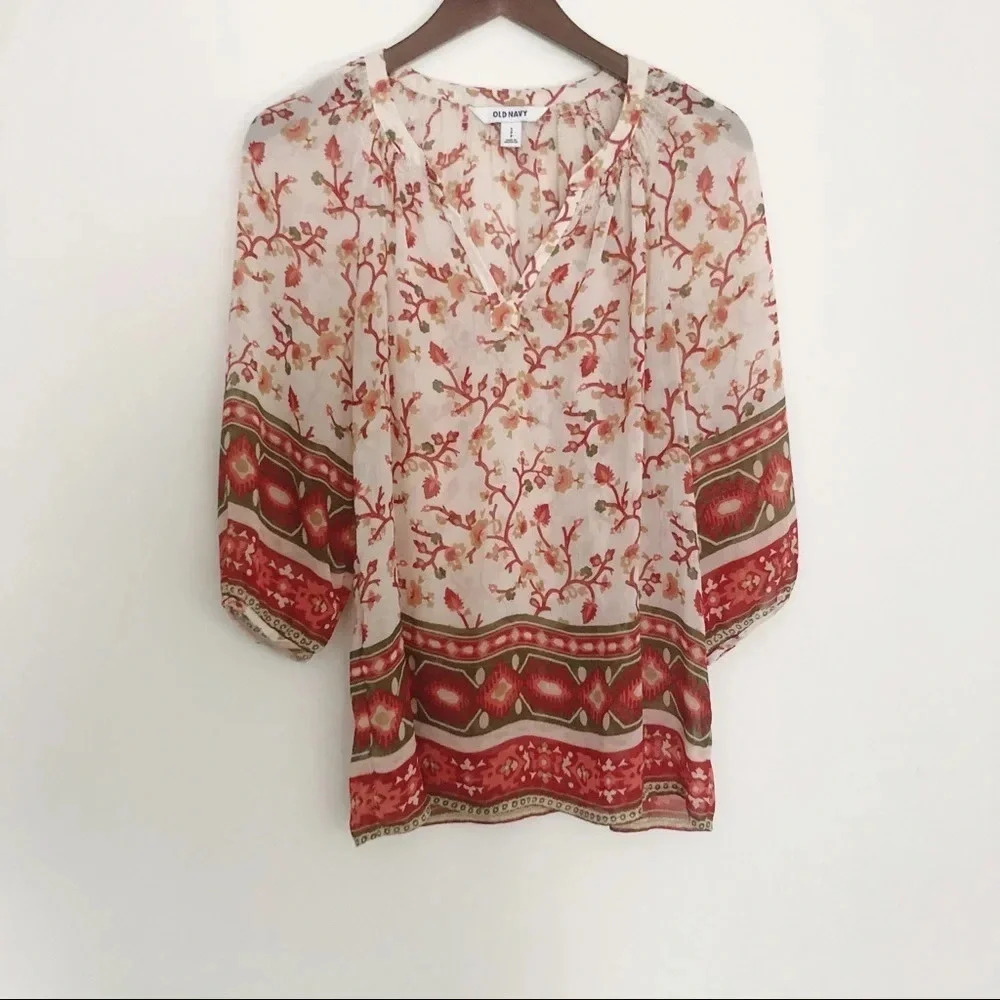 🍁 Old Navy | Floral Boho Sheer 3/4 Length Top